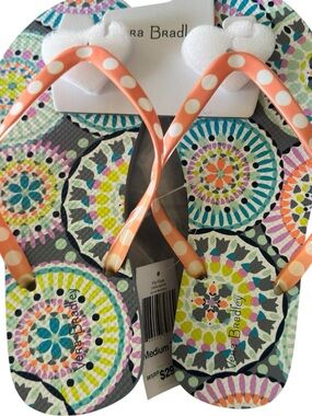 Vera Bradley Sunny Medallion Flip Flops Coral Polka Dot Straps Size M 7-8 NWT